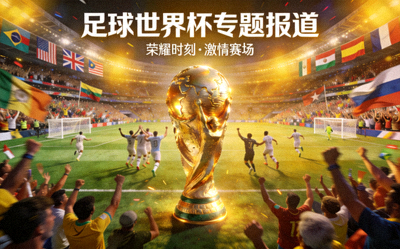 足球世界杯专题报道，展示奖杯与赛场氛围